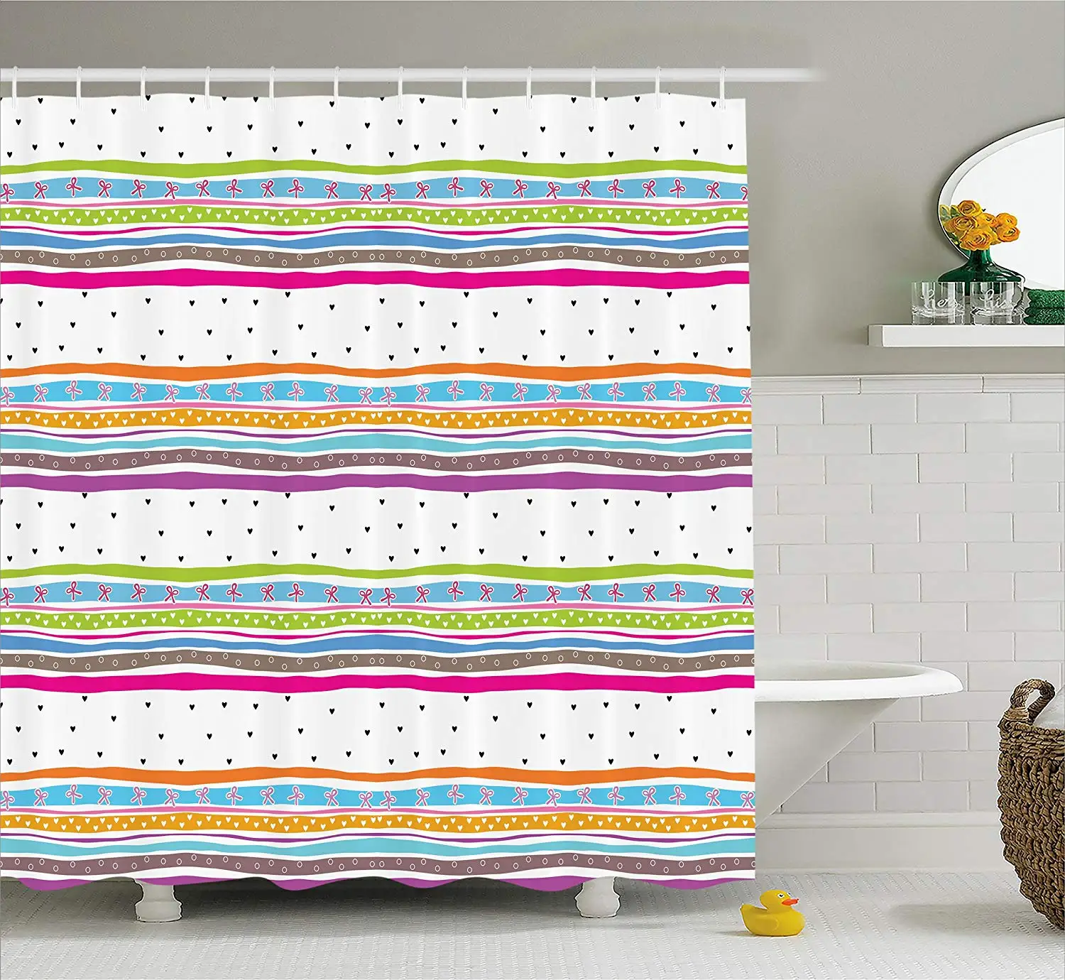 Полосатый занавеска для душа абстрактные волнистые полосы Polkadots ленты и бабочки
