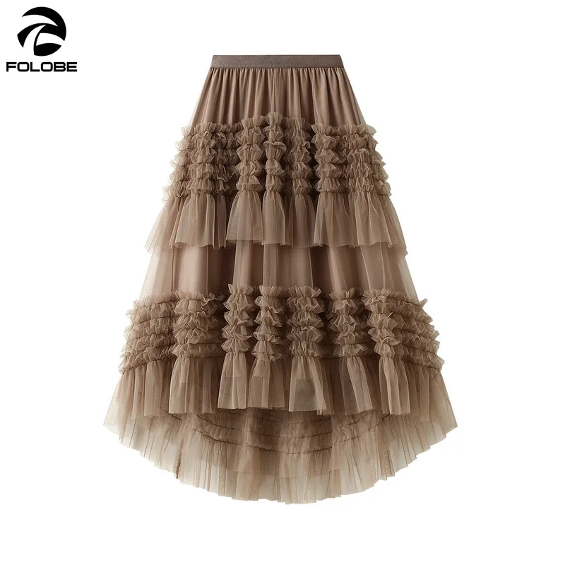 

FOLOBE 2021 New Cake Skirt Women Ruffles A Line Tulle Mesh Elastic High Waist Irregular Black White Solid Midi Skirts Female