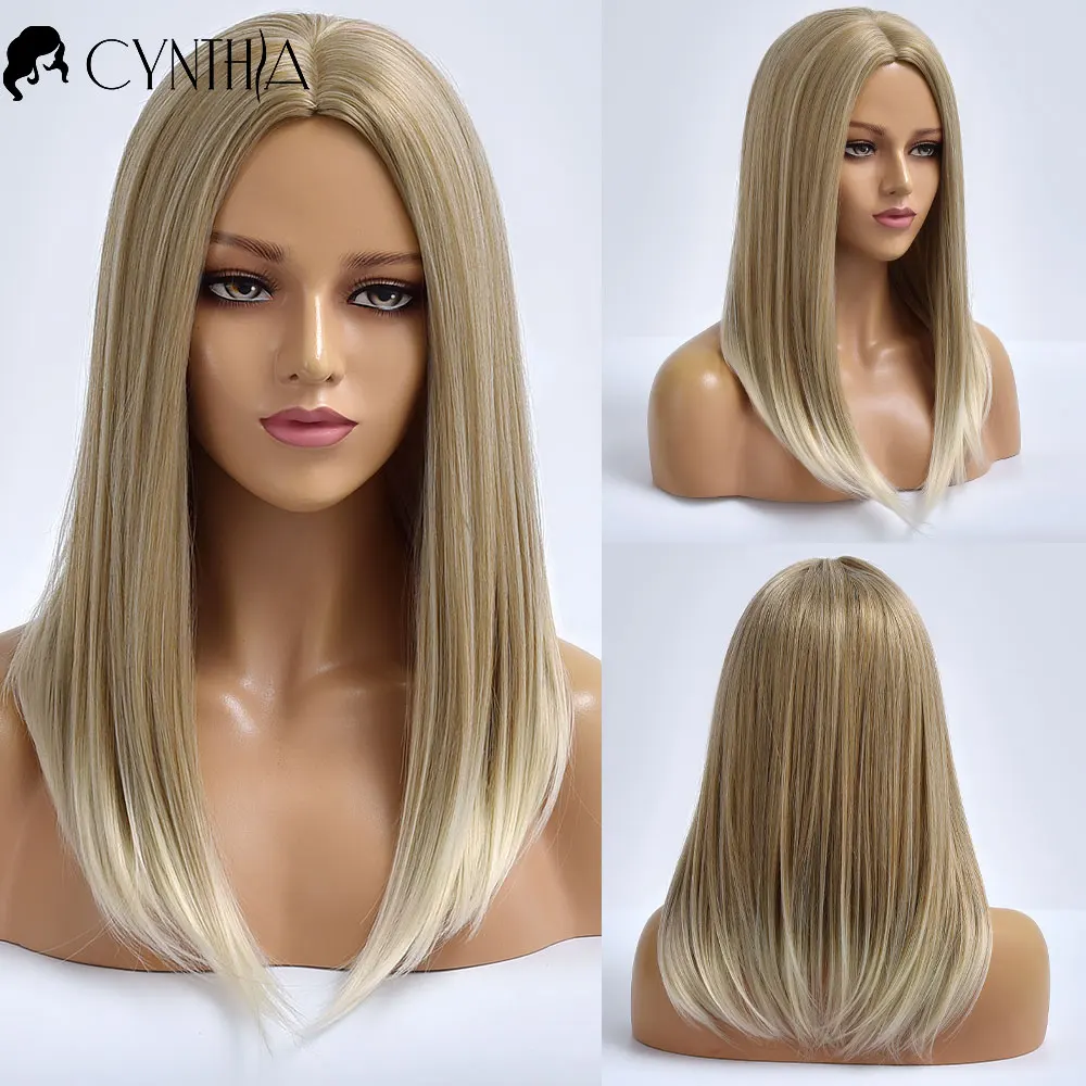 

Medium Daily Blonde Synthetic Wigs for Women Natural Heat Resistant Straight Hair Female Fiber Cosplay Colored Wig