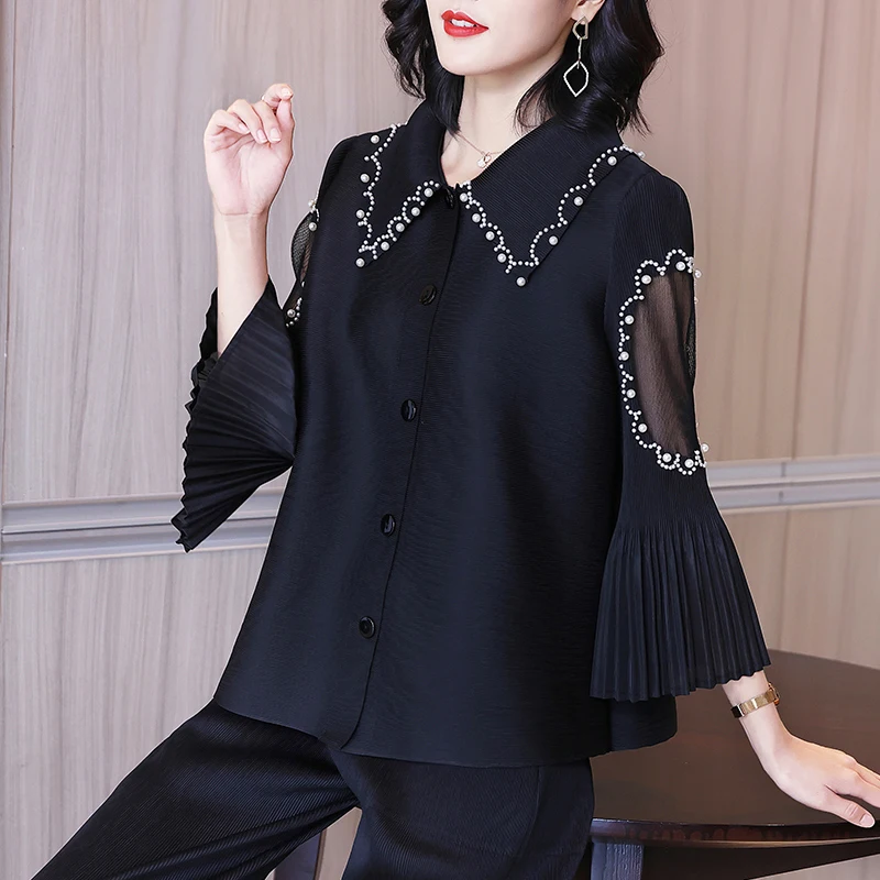 

Plus Size Tops For Women 45-75kg 2021 Spring New Turndown collar Beading Big Stretch Miyake Pleated Single Breasted Loose Top