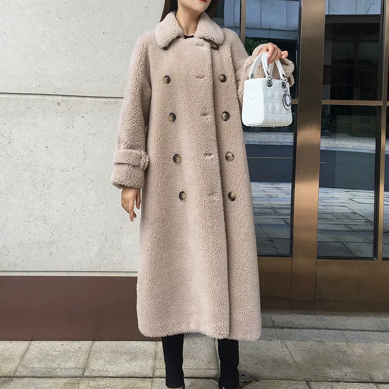beige SY12, осенне-зимнее женское пальто из 30% шерсти, меховое пальто, а-образное, на пуговицах, с карманами, для стрижки овец, для девушек, теплое меховое пальто, женская длинная куртка, пальто - Цвет: beige