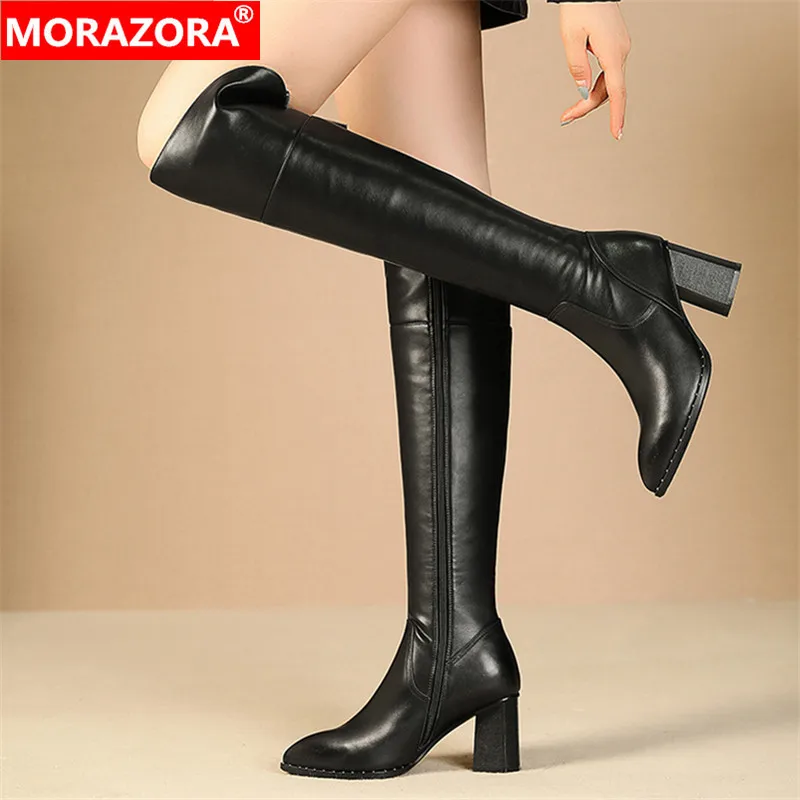 MORAZORA New arrive hot sale genuine leather women boots black color buckle winter keep warm knee high boots big size 34-42