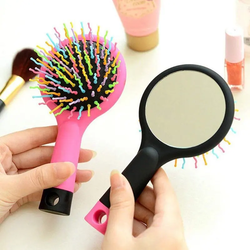 

Detangling Hair Brush Rainbow Volume Anti-static Magic Hair Curl Straight Massage Comb Brush with Mirror (Pink)