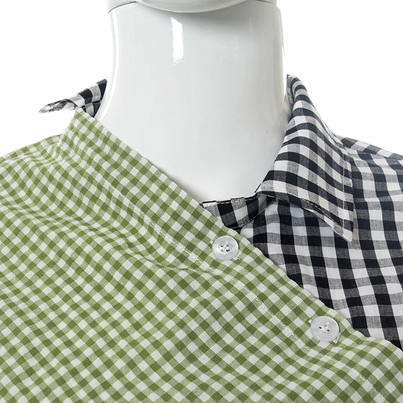 

LVINMW Shirts Splice Button Up Designed Trendy Short Sleeve Blouses Slim Asymmetric Lapel Navel Plaid Crop Top Panelled Navel