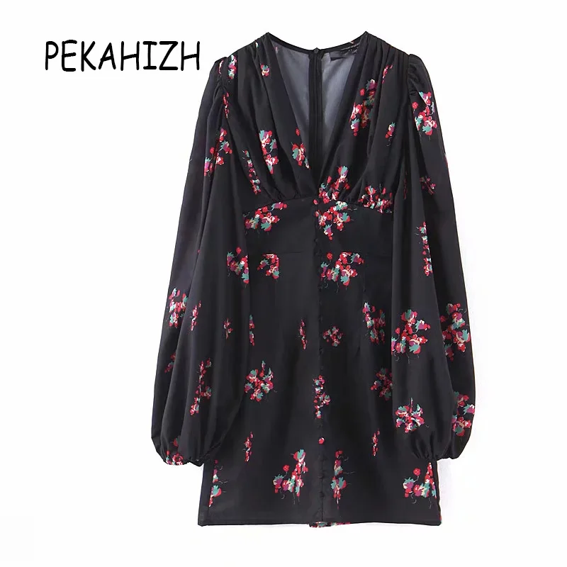 Весенне осеннее винтажное мини платье с принтом Элегантное Черное женское