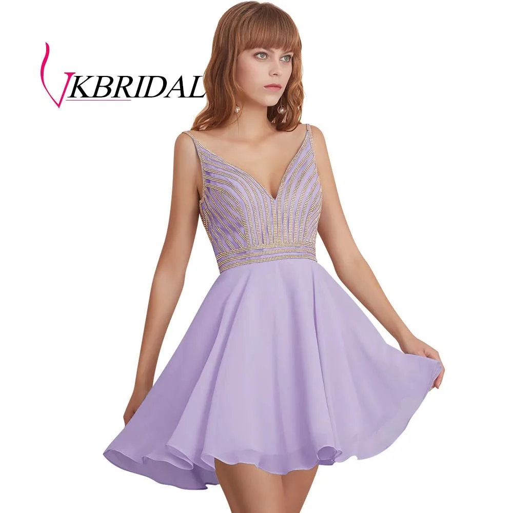 VKBRIDAL сексуальное короткое платье с v-образным вырезом для выпускного вечера Новое шифоновое бисерное милое платье с v-образным вырезом сзади - Цвет: lilac