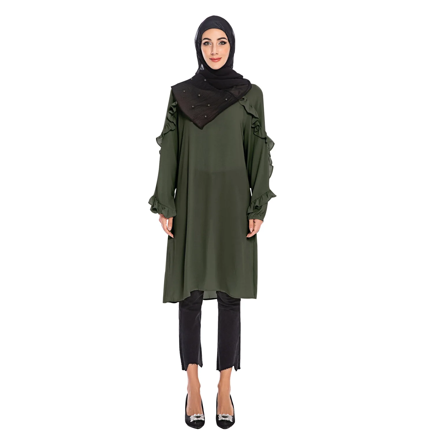 

Elegant Women's Pleated Abaya Tops Muslim Blouse Shirt Dress Long Robe Gowns Vetement Femme Jubah Ramadan Arabic Kaftan Islamic