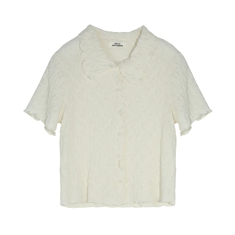 

2021 Summer Lace Pleated Turn Down Collar Solid Shirt Women's New Korean Style Fashion Short Sleeve Tops Casual Simple Shirt