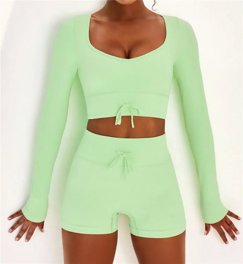 

Seamless Yoga Set Women Two Piece Crop Top Long Sleeve Shorts Sportsuit Workout Outfit Fitness Female Sport Suit Gym Wear Gym