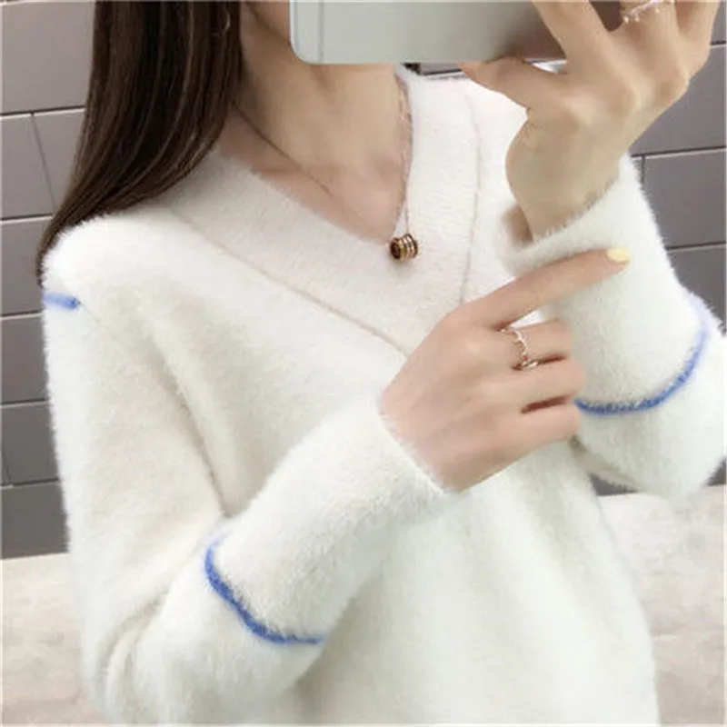 Women Candy Colors Sweaters Fashion Autumn Winter Warm Mohair V-Neck Pullover Long Sleeve Casual Sweater Knitted Tops | Женская одежда
