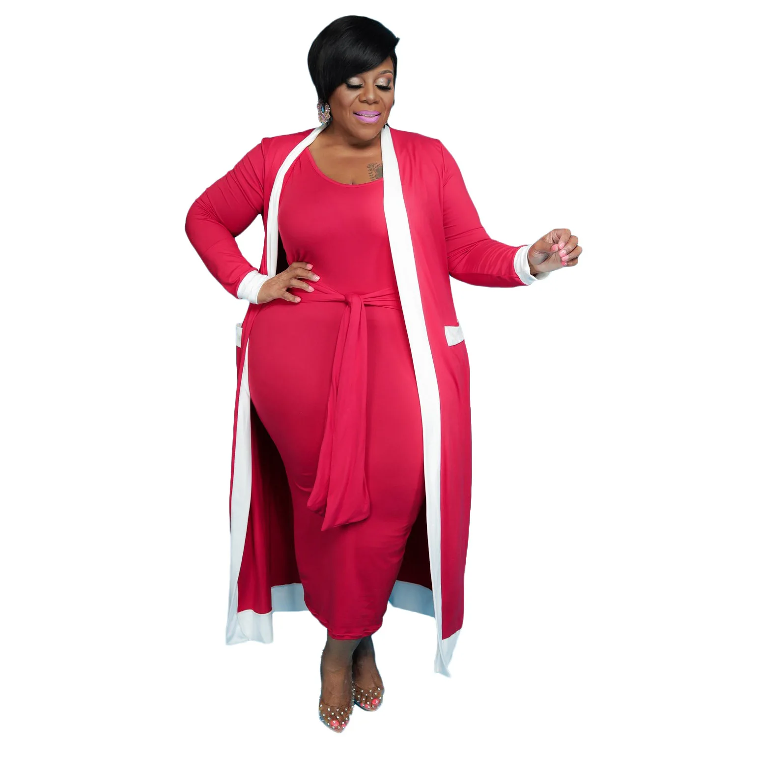 

Африканская одежда для женщин, весна-осень 2021, африканские женские комплекты из двух предметов с длинным рукавом, красного, черного цветов, платье и длинное пальто