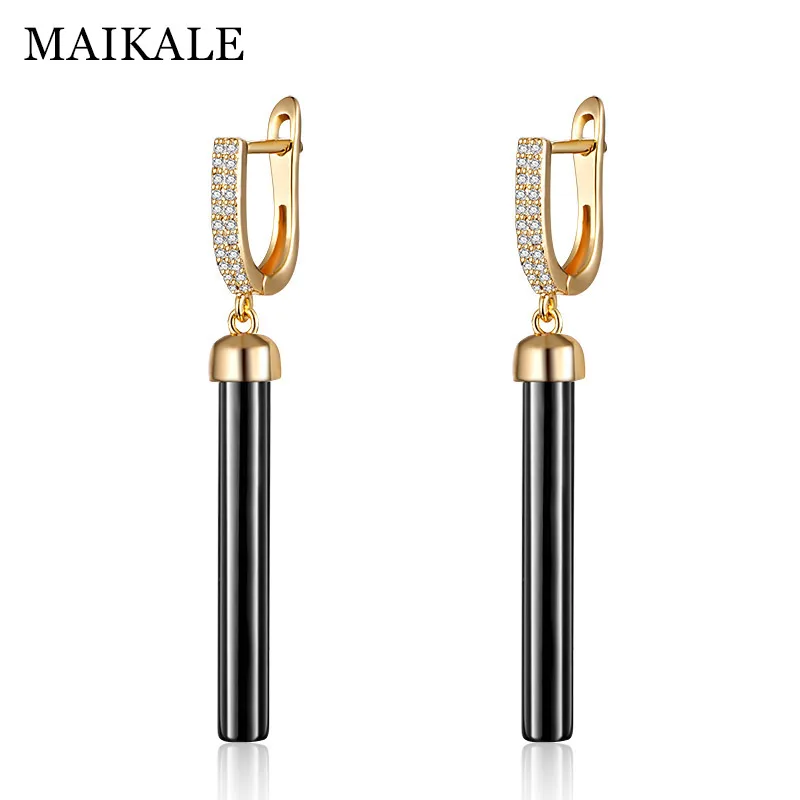 Женские прямые длинные серьги MAIKALE черные керамические с кубическим цирконием
