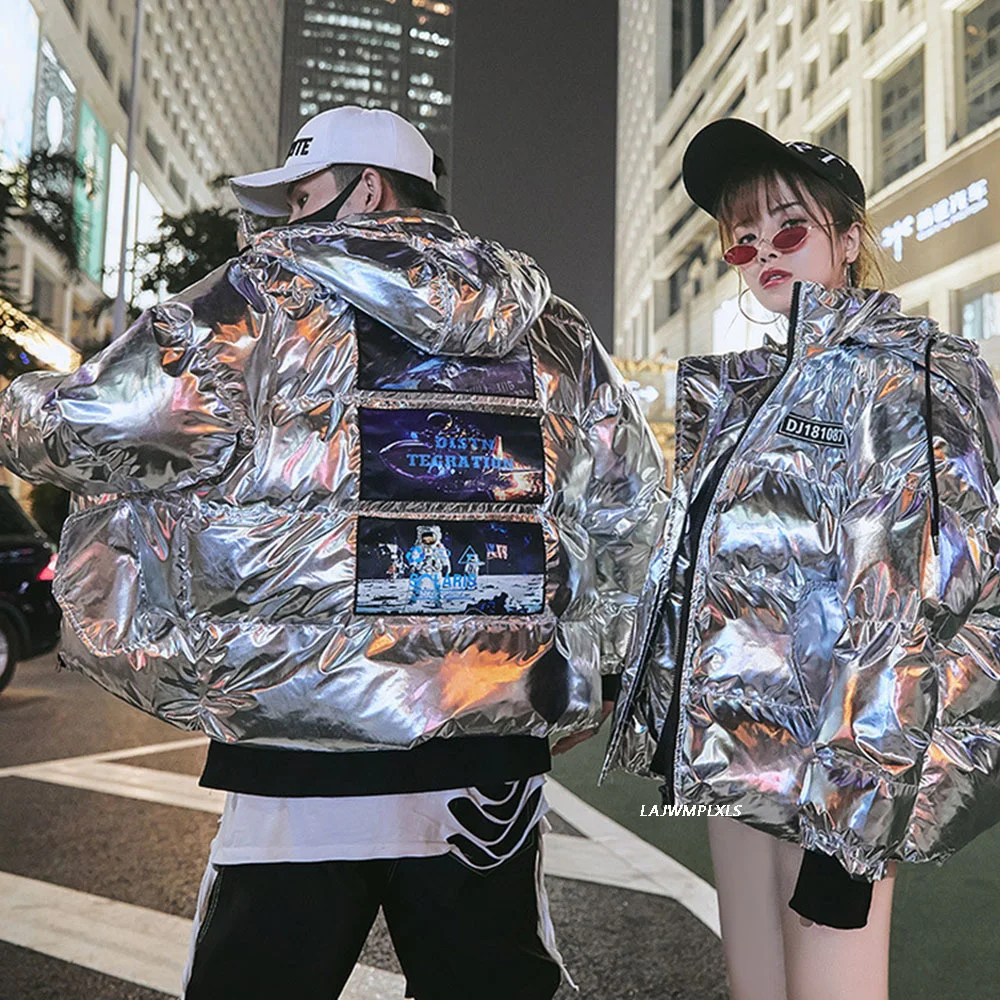 

Winter Fluffy Puffer Jackets women 2021 Fashion Trends Bright Clothing Thick Padded Coats with Hood Couples Hip Hop Streetwear
