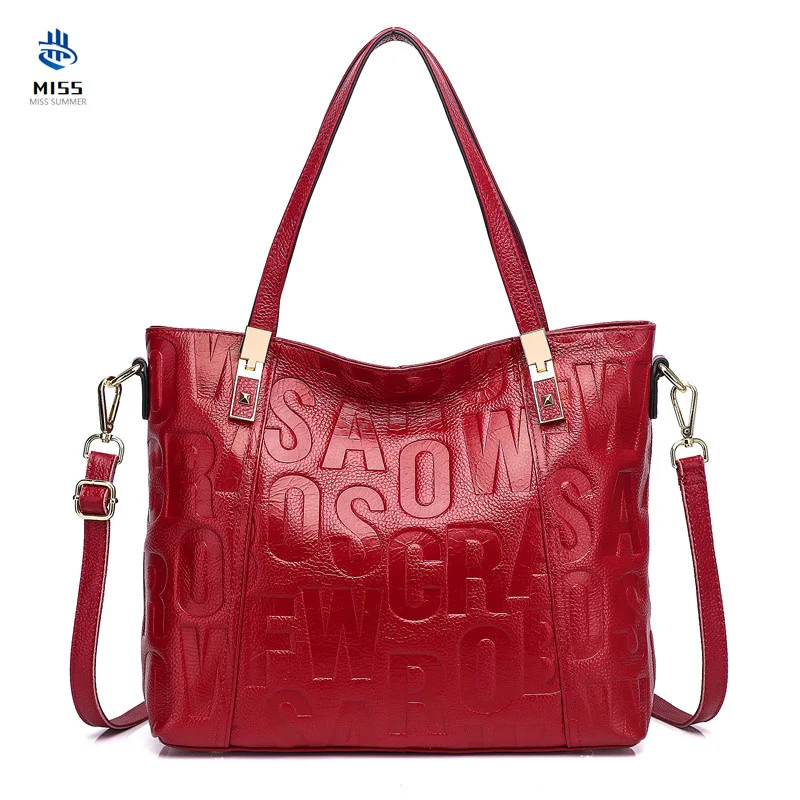 

New first layer cowhide ladies tote bag fashion leather handbags letter embossed one-shoulder ladies handbag