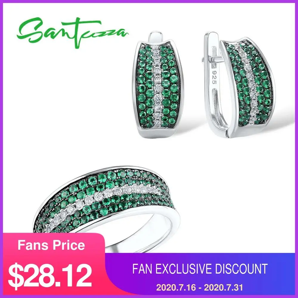 Женский ювелирный набор SANTUZZA блестящий зеленый и белый CZ камень серьги кольцо 925