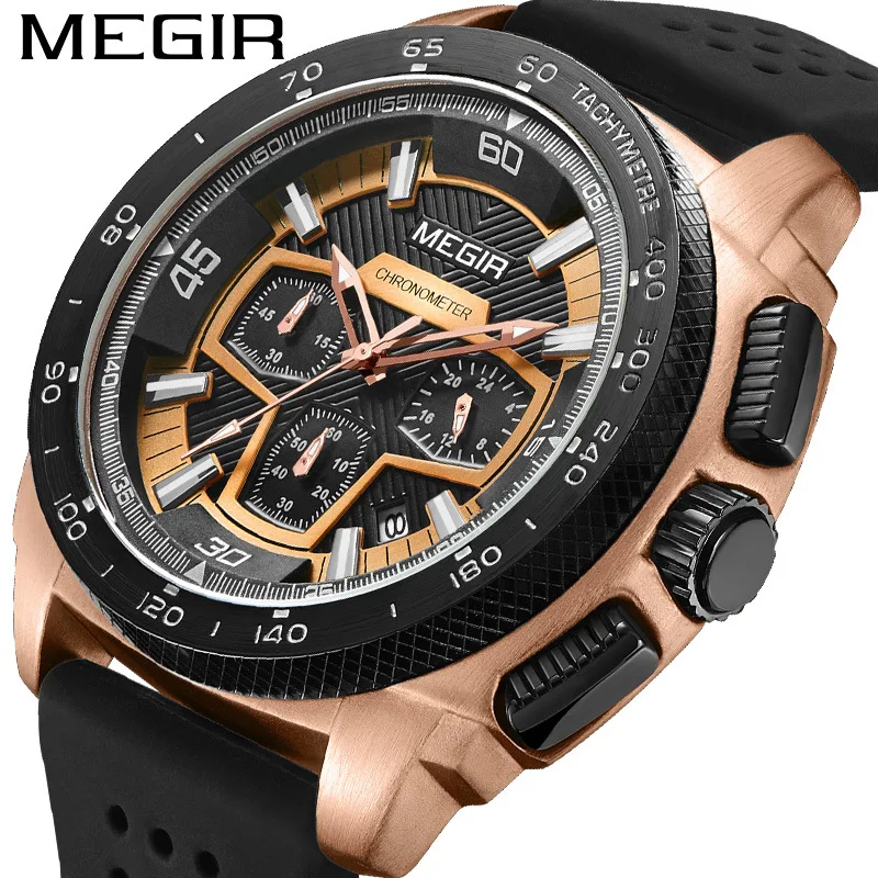 

MEGIR Men's Watch Sports Chronograph Calendar Military Watch Quartz Watch Silicon Strap Clock Relogio Masculino