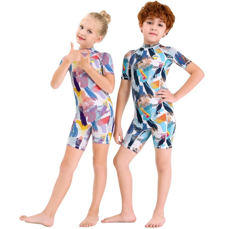 

Kids short sleeve Swimsuit Wetsuits Snorkeling Surfing Children's one piece Swimwear back Zipper Elastic Diving Suits
