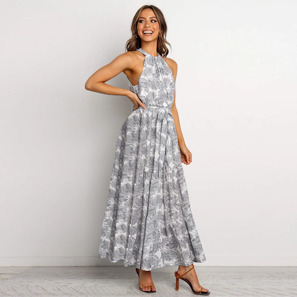 Женское платье в стиле бохо весна-лето 2020 круглый вырез высокая талия длина по