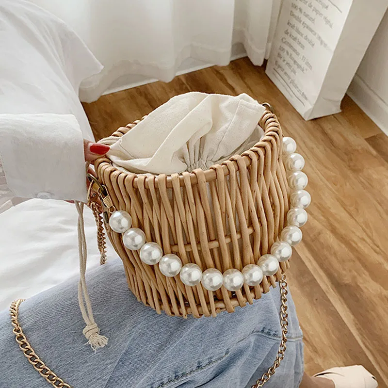 

Beading Chain Summer Small Straw Shoulder Bags For Women Rattan Weave Travel Beach Bucket Bag Women's Fashion Crossbody Handbags