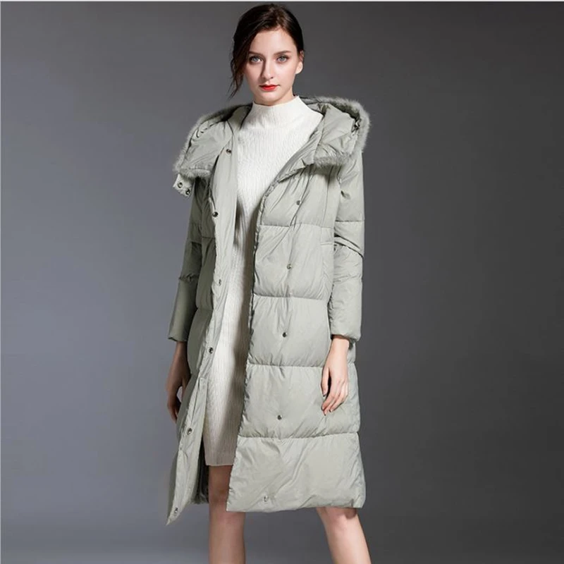 New style long down jacket Women wool collar thick Parcel type coats with a hood female duck clothes medium black overcoat | Женская