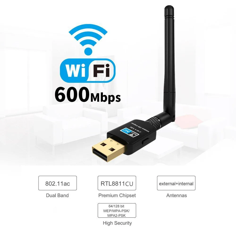 AC 600 Мбит/с USB-адаптер Wi-Fi 2/5/2 ГГц двухдиапазонный с антенным ключом LAN 1/802 AC/a/b/g/n для