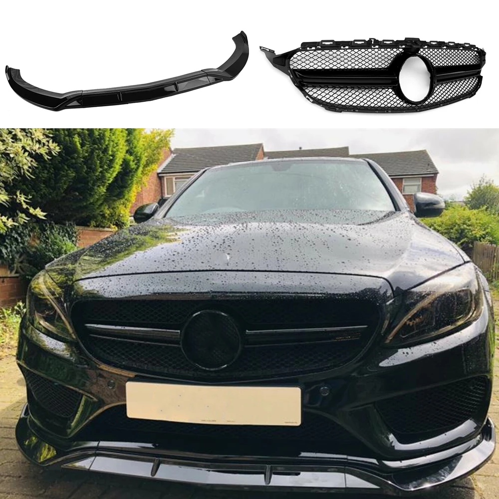 

For Mercedes Benz C-Class W205 Sport AMG Gloss Black Bumper Spoiler Lip+Car Front Hood Mesh Grille Grill W/ Camera Hole Body Kit
