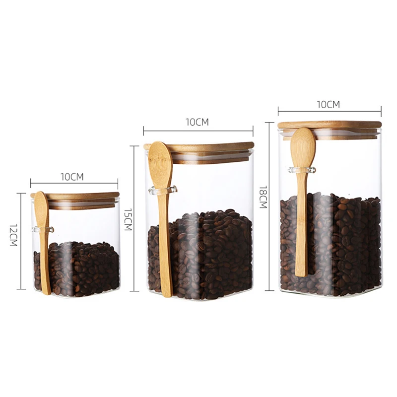 Прозрачная Стеклянная емкость для хранения с бамбуковой ложкой квадратной формы