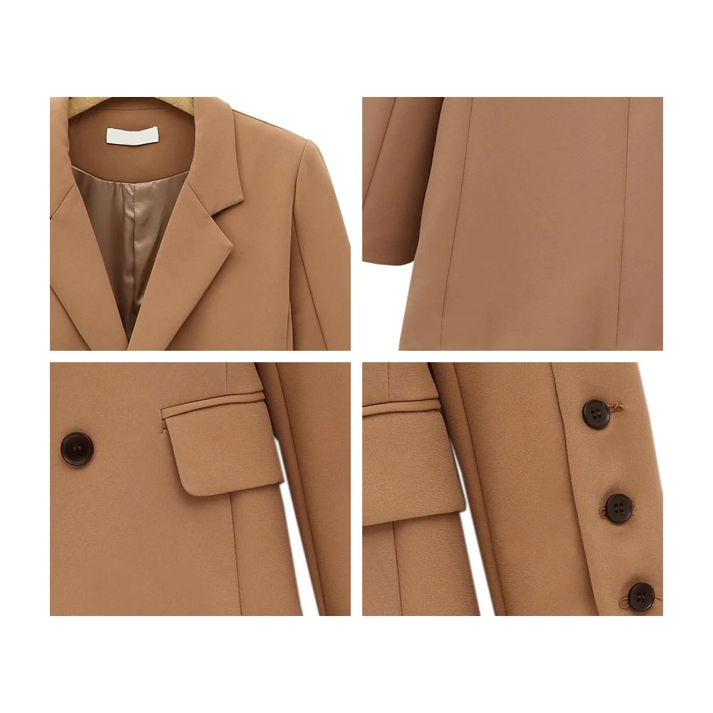 Фото Women Autumn New 2021 England Blazer Button Double Breasted Long Sleeve Office Lady Coat Solid Female Casual Brown Outerwear №5