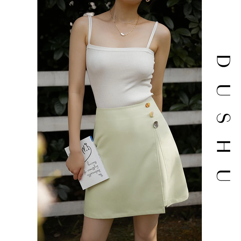 

DUSHU Loose Office Lady Women's Design High Waist Skirt Women Summer 2021 New Wild A-line Loose Casual Yellow Short Skirt