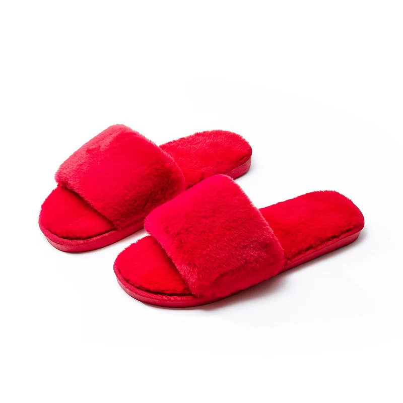 

Winter Women House Slippers Faux Fur Fashion Warm Shoes On Flats Female Slides Black Pink Cozy Home Furry Slippers