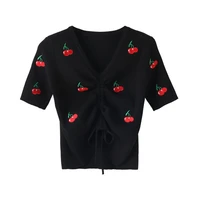 summer womens v neck short sleeve knit tops cherry embroidery drawstring fashion 2021 new