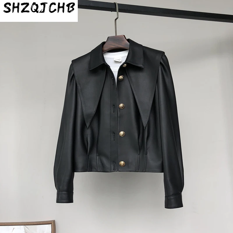 

SHZQ кожаное женское Короткое модное индивидуализированное пальто из хлопчатобумажной овчины с темно-синим воротником 2021 Новинка