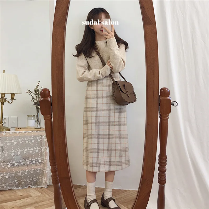 

Vintage plaid Women Skirts Autumn Pencil Long Girls Skirt Female Warm Thick Skirts Winter Mujer winter women winter skirt maxi