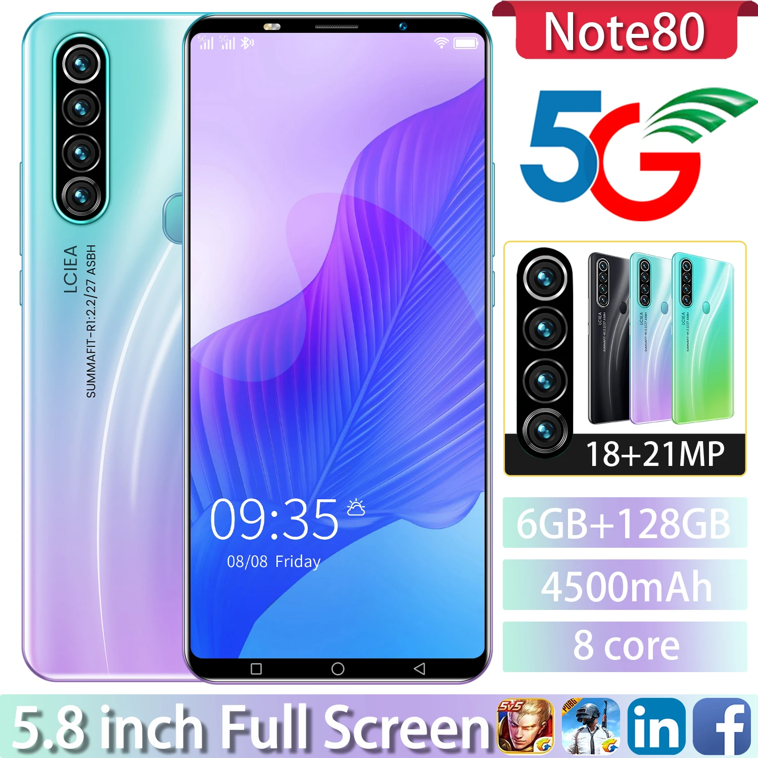 

Note80 5.8Inch Global 5G Smartphone Cellphone 6+128GB MTK6898 18+21MP 8Core Finger Face ID Unlocked 4500MAH Dual SIM Mobilephone