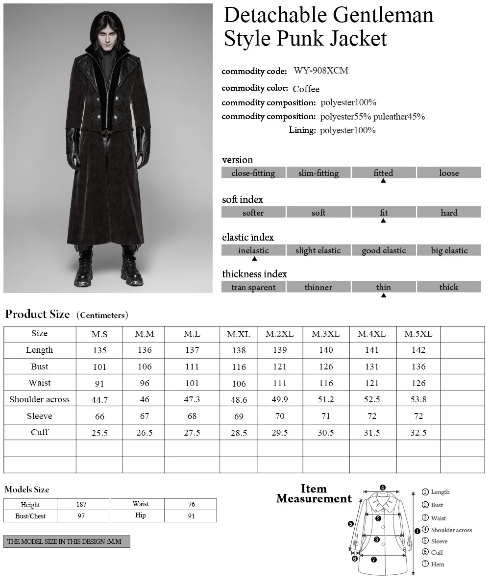 

PUNKRAVE Men's Punk Gentleman Style Detachable Jacket Twill Velveteen PU Splicing Winter Daily Long Coats