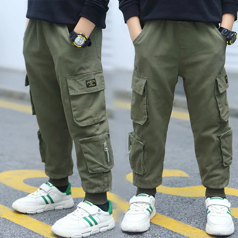 Pantalones vaqueros de cintura elástica para niño, Pantalón Cargo verde militar con bolsillos grandes, 8 y 12 años, primavera y otoño