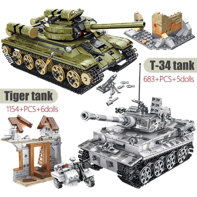

1154pcs City Diy German Tiger Tank Blocks High-tech WW2 Empires Of Steel Army T-34 Tank Building Blocks Toys For Mould King