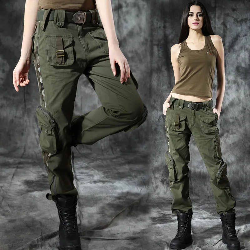 Outdoor Multi Pocket Tactical Long Pants Wear Resistant Pure Cotton Fabric Hiking Camping Climbing Women Loose Straight Trousers