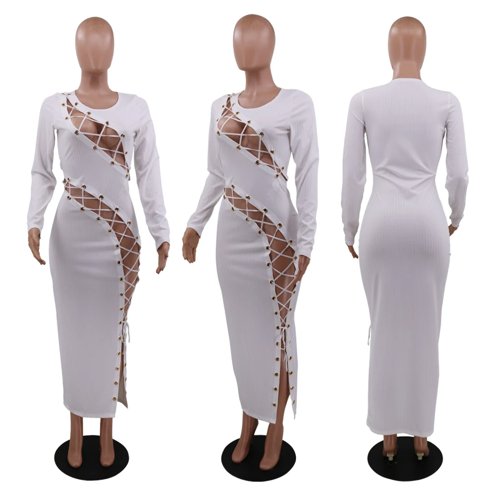 

2021new Womens Hollow Out Bodycon Lace-up Patchwork Sexy Dresses Casual Long Sleeve Ribbed Bandage Party Club Dresses