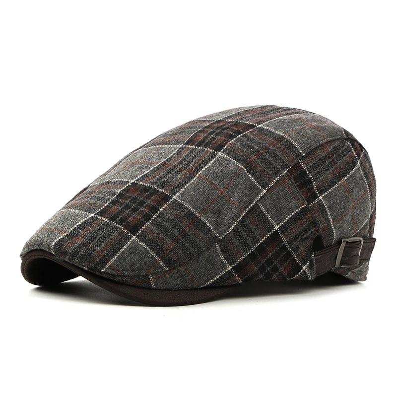 Coffee plaid FS хлопок плед Красный Берет Головные уборы для мужчин и женщин плоские шапки мужской классический британский стиль Винтаж Регулируемая шапка на осень зиму Мода - Цвет: Coffee plaid