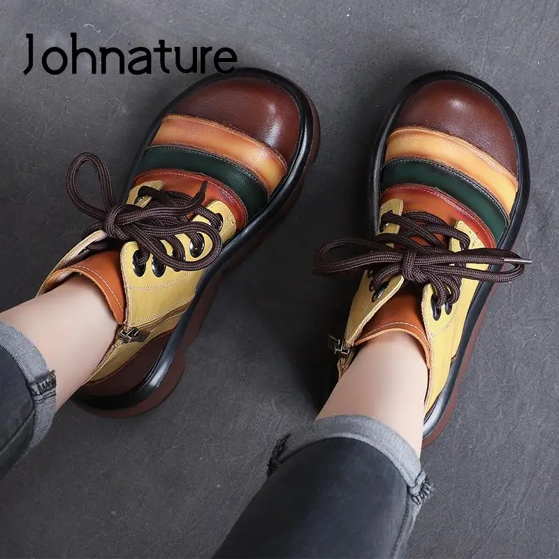 

Женские ботинки на шнуровке Johnature, из натуральной кожи, с круглым носком, на молнии, смешанных цветов, зимний сезон 2021