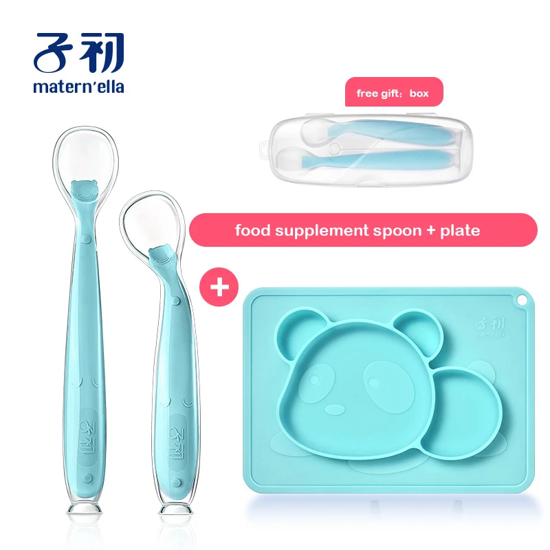 spoon plate Matern'ella, 2 шт.+ коробка, Детские Силиконовые ложки, посуда для кормления, посуда для детей, столовые приборы, силиконовая ложка - Цвет: spoon plate