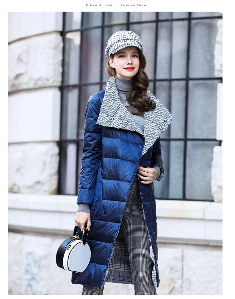 Double Sided Women's Down Jacket Long Winter Turtleneck White Duck Down Coat Female Double Breasted Plus size Warm Plaid Parkas