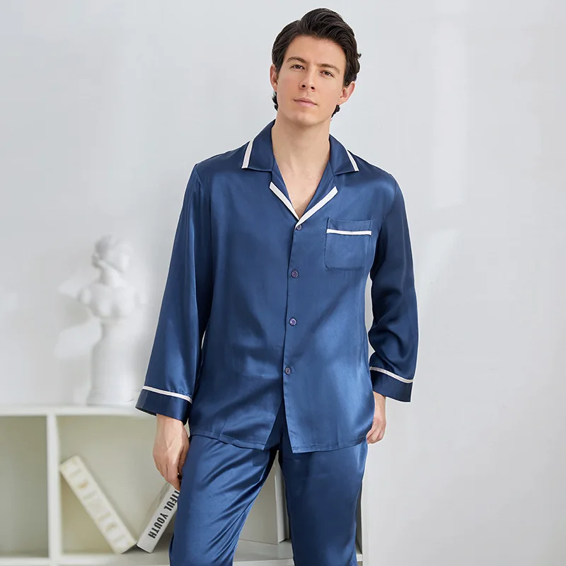 Pajama Suit Men's 100% Silk Couple 2PCS Sleep Set Silky Casual Sleepwear Long Sleeve Tops&pants Oversized 3XL Home Clothing