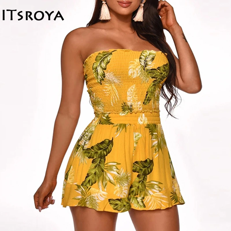 ITSROYA/женский комбинезон с открытыми плечами и принтом плиссированные шорты без