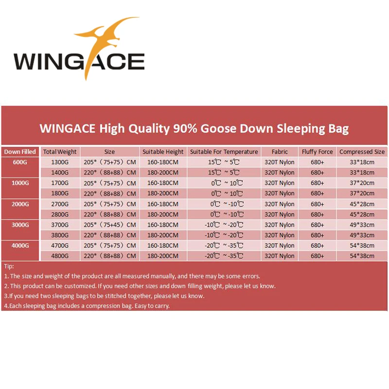 WINGACE заполнить 600 г 1000 гусиный пух спальный мешок Сверхлегкий конверт Кемпинг