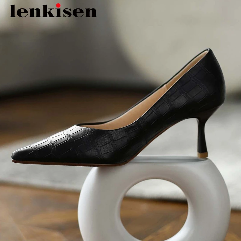

Lenkisen evening party sexy full grain leather stone pattern pointed toe thin high heel slip on mature catwalk women pumps L02