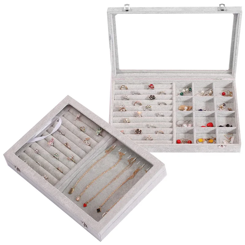 

Glass cover jewelry ring display box tray stand storage box storage box earrings ring bracelet large velvet gray suitcase decor