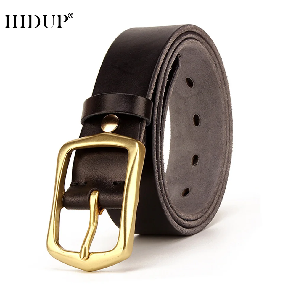 HIDUP Top Quality Solid Cowhide Leather Belt for Men Men's Gold Brass Clasp Buckle Cow Skin Belts Clothing Accessories NWJ891