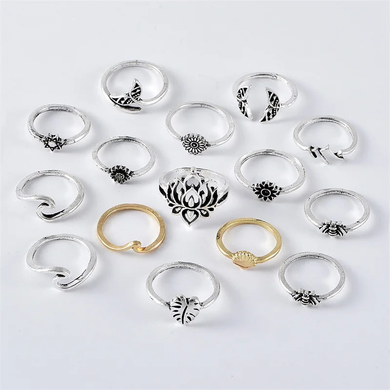 15 шт./компл. женские классические кольца в форме лотоса рыбьего хвоста лист